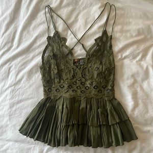 Free People Olive Green Lace Ruffled Tank Top